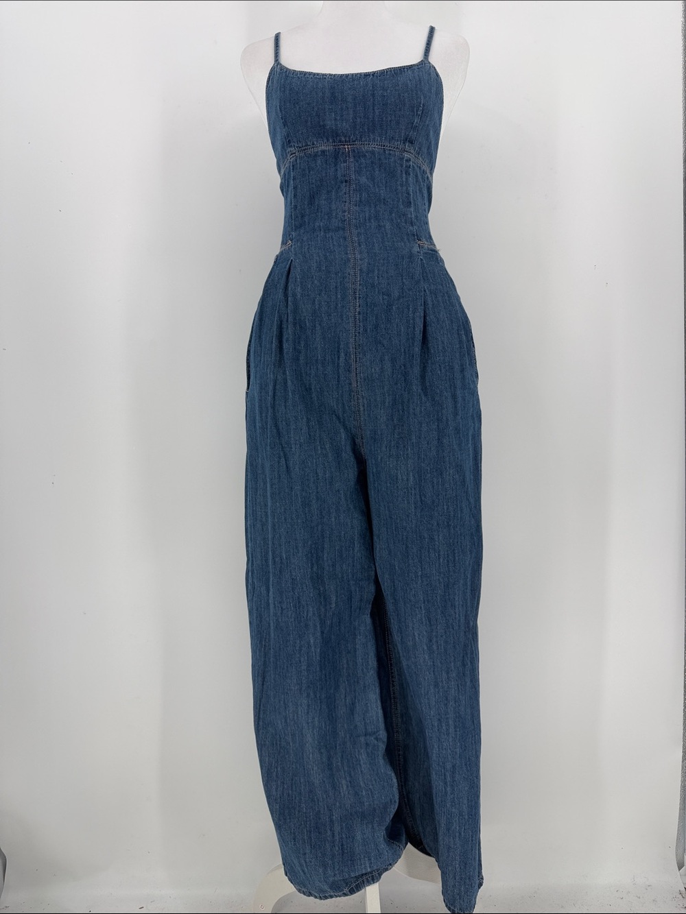 Miou Muse Denim Wide Leg Jumpsuit Size Small Open Back Tie Y2K